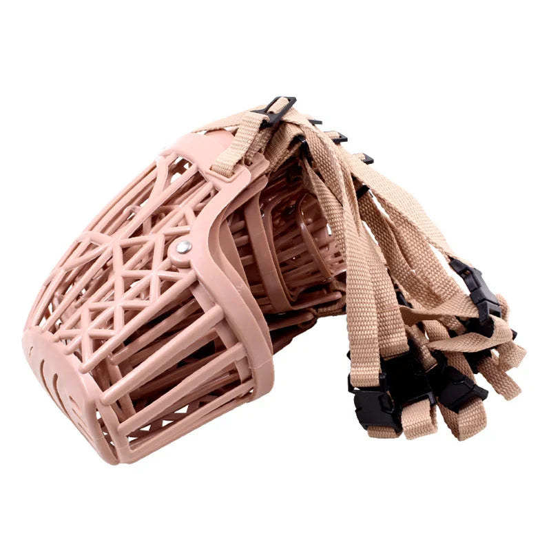 Adjustable puppy big dog muzzle in beige, breathable and safe for all dog sizes.