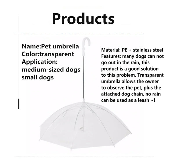 Transparent pet umbrella leash for small dogs with metal chain, suitable for rain protection.