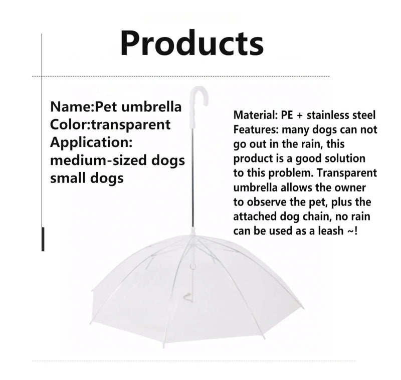 Transparent pet umbrella leash for small dogs with metal chain, suitable for rain protection.