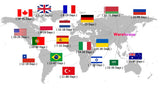 Map showing global shipping times from a warehouse, with delivery ranges for various countries marked on a world map.