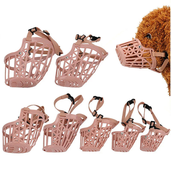 Adjustable puppy big dog muzzle in beige, breathable pet mouth mask for small to large dogs.