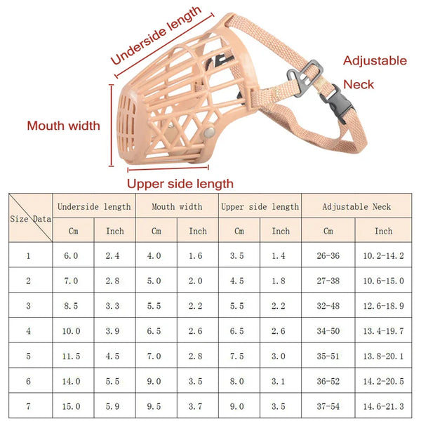 Adjustable puppy big dog muzzle with size chart, featuring a breathable design and adjustable neck strap for all dog sizes.