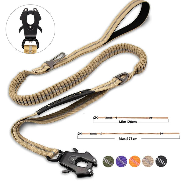Reflective shock absorbing pet leash with car seatbelt for large dogs, heavy duty tactical bungee, no pull design.