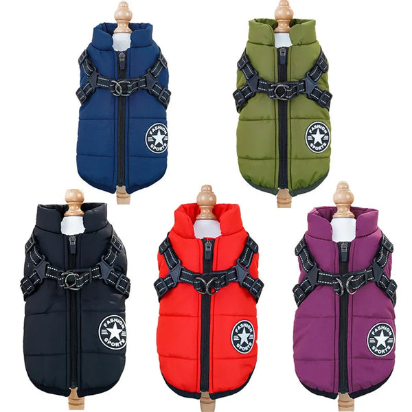 Waterproof pet dog jacket with harness, available in multiple colors for winter warmth.