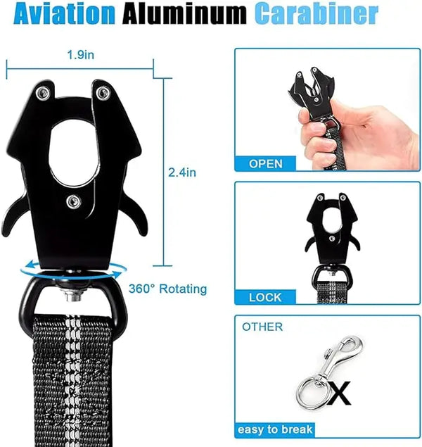 Reflective shock absorbing pet leash with aviation aluminum carabiner for large dogs.