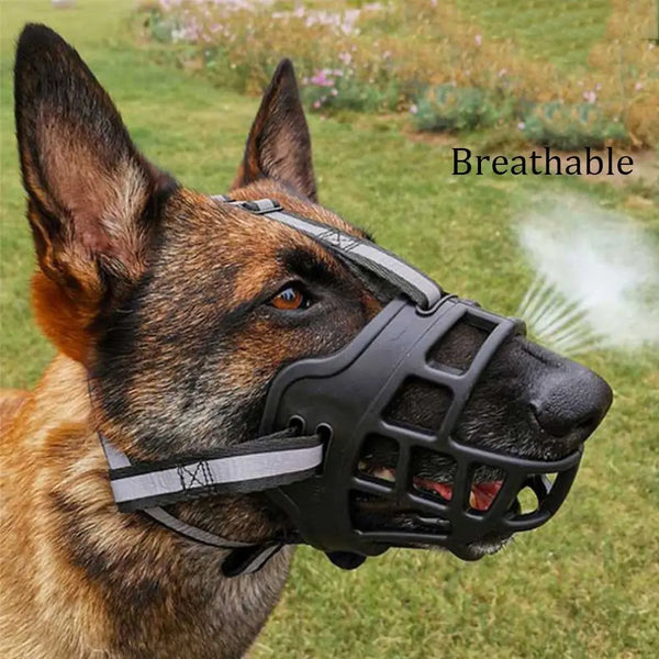 Breathable silicone pet dog muzzle for preventing biting and barking.