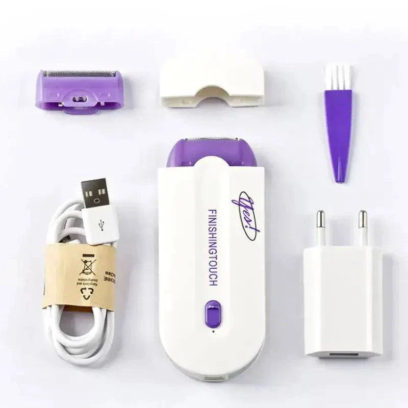 Women's rechargeable epilator for full body grooming with accessories.