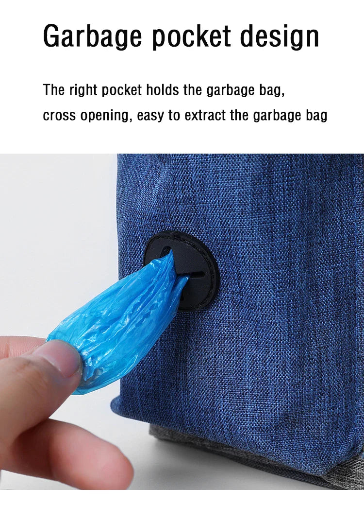 Dog outdoor training bag with garbage pocket design for easy access to waste bags.