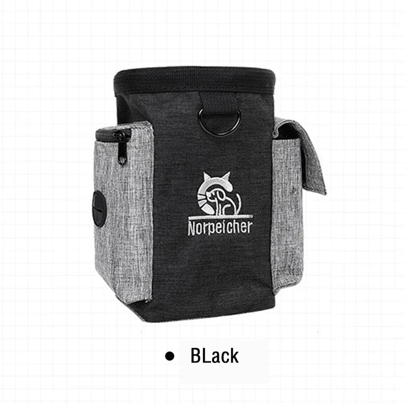 Dog outdoor training bag, multi-functional black pet treat waist pack.