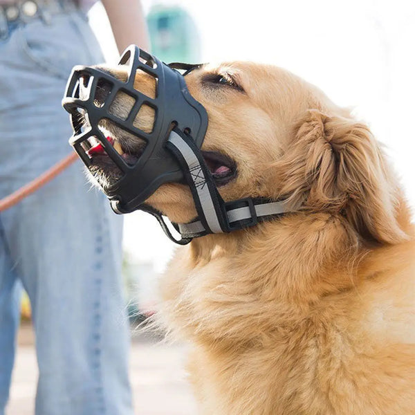 Silicone pet dog muzzle for comfortable and breathable basket design.