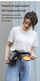 Dog outdoor training bag with side hanging bowl, ideal for carrying pet snacks and essentials.