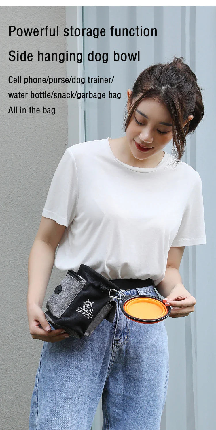 Dog outdoor training bag with side hanging bowl, ideal for carrying pet snacks and essentials.