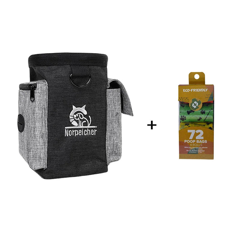 Black dog outdoor training bag with multiple pockets, paired with eco-friendly 72-pack poop bags.