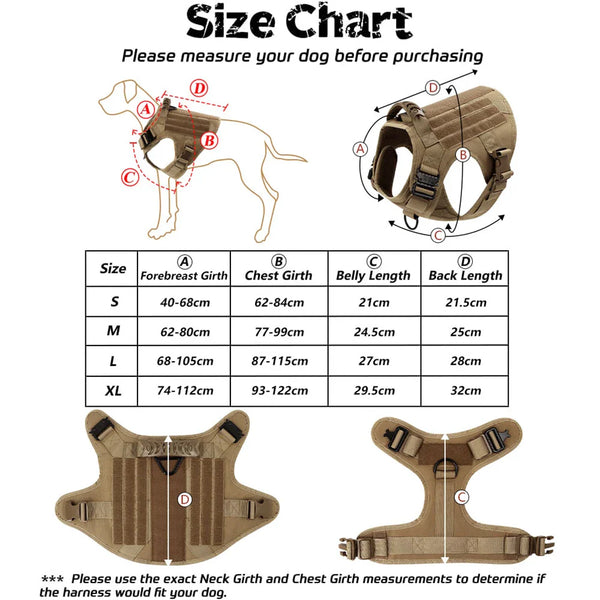 Military large dog harness with size chart and tactical vest features for training French Bulldogs, German Shepherds, and Malinois.
