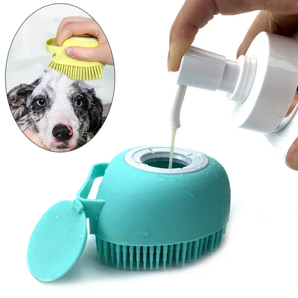 Soft silicone pet bath brush for dogs and cats, used for gentle grooming and cleaning.