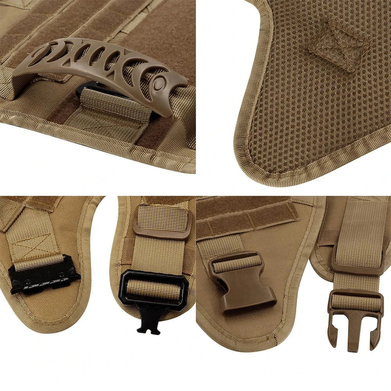 Tactical military large dog harness with buckle closure, padded vest design, and quick release for all-season use by PETRAVEL.