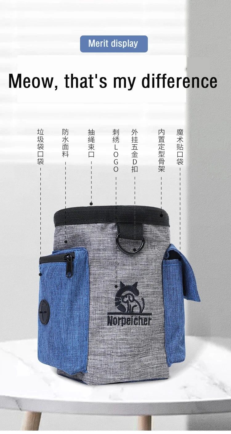 Dog outdoor training bag in gray and blue with multiple pockets and durable design.