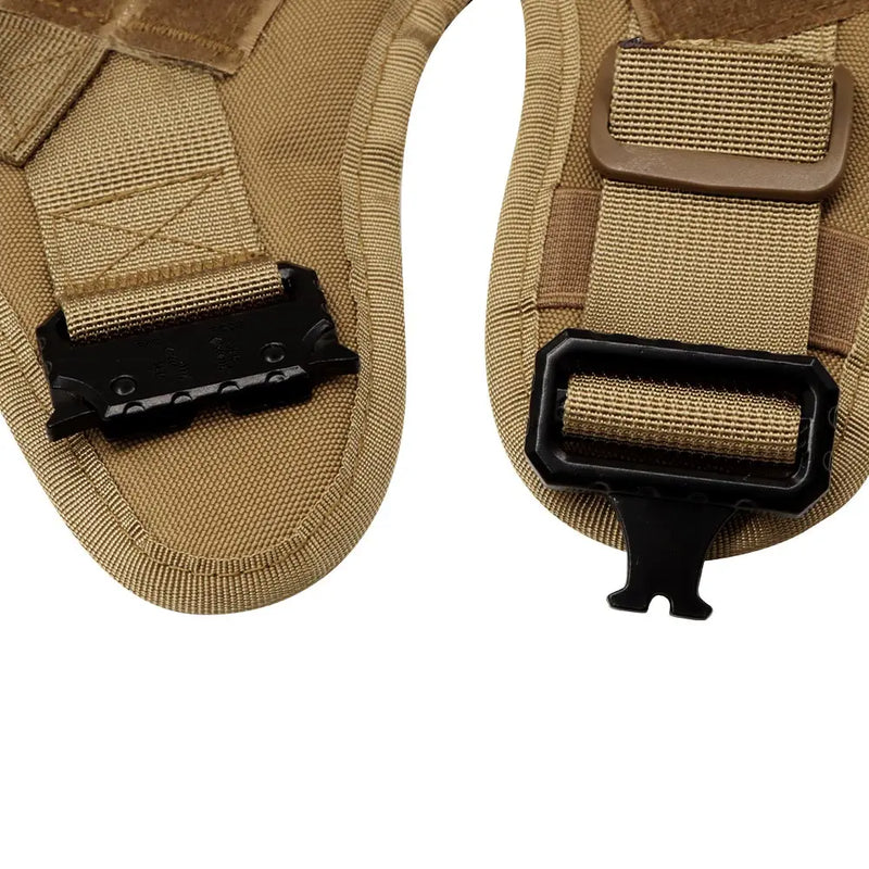 Military large dog harness in tan color with strong buckles, designed for training French Bulldogs, German Shepherds, and Malinois.