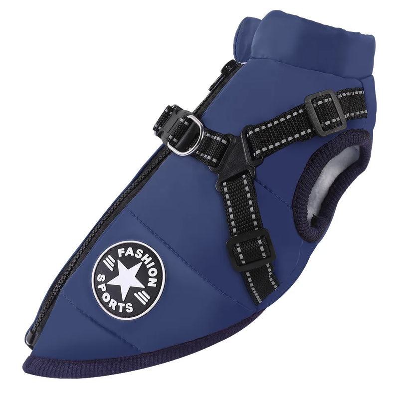 Waterproof winter pet dog jacket with harness for large breeds.